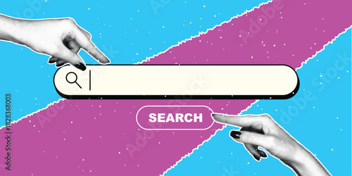 Contemporary Art Collage featuring Vintage Hands Pointing at Internet Search Bar and Button with Pop Art Style