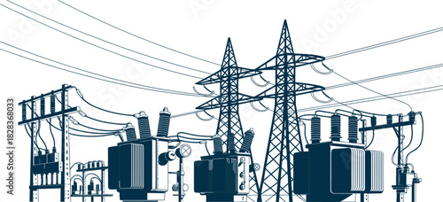 High voltage electrical substation illustration with transformers, power lines, transmission towers, energy infrastructure, utility grid system, industrial electricity distribution network