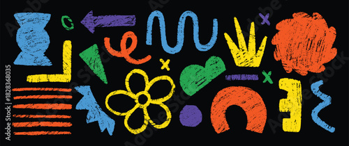 Varied crayon shapes blots and lines brightly colored on a solid black backdrop