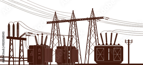 High voltage electrical substation illustration with transformers, power lines, transmission towers, energy infrastructure, industrial utility grid system, electricity distribution network