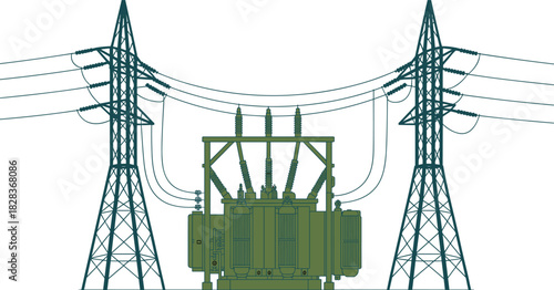 High voltage electrical substation with power transformer, transmission towers, overhead power lines, energy distribution infrastructure, industrial electricity system illustration