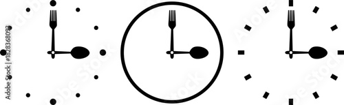 Minimal food clock set icons using fork and spoon hands. Ideal for restaurants, menus, cafes, food delivery, culinary branding, and eating time designs.