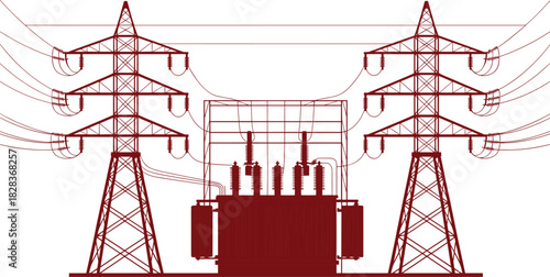 High-voltage power substation with transmission towers, electrical transformer equipment, energy distribution infrastructure, industrial electricity grid system, utility network