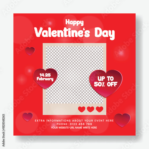 Modern Valentine’s Day Gift Sale Discount Promo Social Media Post with Heart Illustration, Trendy Web Banner Advertisement Background, Square Poster Flyer Design Template with space for image place