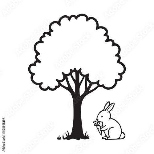 Stylized rabbit eating carrot under tree, simple vector graphic