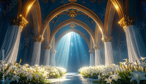 Golden altar arches and white drapery under a celestial night sky, illuminated by a central glowing star, honoring the Día de la Inmaculada Concepción.