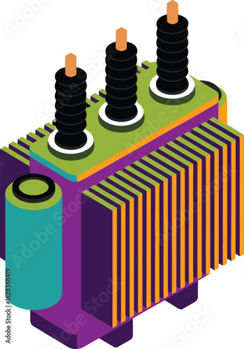 Isometric 3D render of a colorful electrical transformer with coils and terminals for power conversion and energy infrastructure concepts.