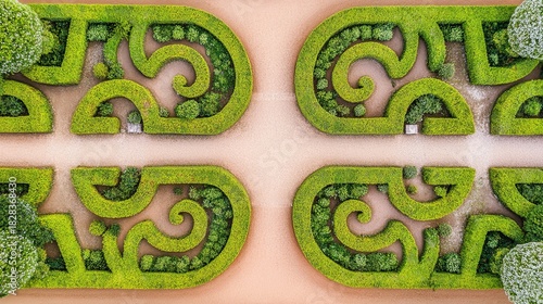 parterre. Symmetrical French garden with trimmed hedges and geometric patterns, aerial view. travel magazines, destination branding, designed for outdoor magazines and nature guides.