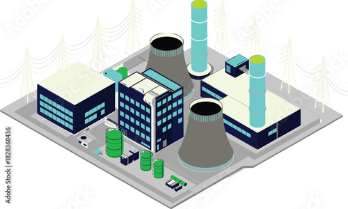 Isometric 3D illustration of a modern power plant with cooling towers, buildings, and transmission lines for energy infrastructure concepts.