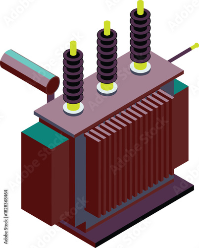 Isometric 3D render of a colorful electrical transformer with coils and terminals for power conversion and energy infrastructure concepts.