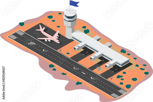 Isometric airport terminal with control tower, pink airplane on runway, and modern aviation infrastructure for travel, logistics, and transport design.
