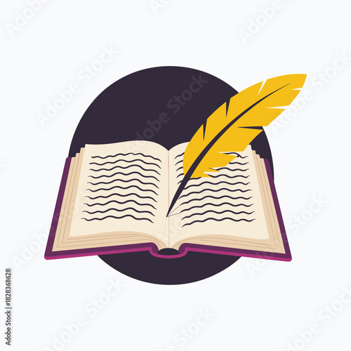 Open book with yellow quill pen writing wavy lines on pages against dark circle background writing instrument.
