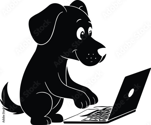 Cartoon dog silhouette using laptop computer, humorous anthropomorphic animal illustration, modern digital technology concept, whimsical symbolic design artwork