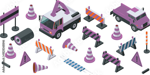 Isometric construction barriers and traffic cones with warning signs, utility truck, road safety equipment illustration, caution zone tools for transportation projects
