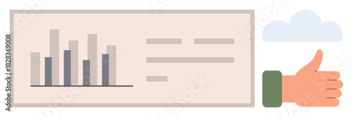 Bar graph with performance metrics and text elements alongside a thumbs-up hand gesture and a cloud. Ideal for analytics, approval, success, productivity, feedback, business insights