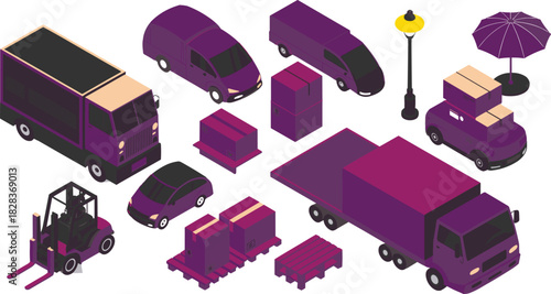 Isometric delivery trucks and cargo boxes illustration, logistics vehicles, forklift loading equipment, transportation fleet, shipping parcels, warehouse distribution elements artwork