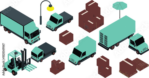 Isometric delivery trucks and cargo boxes illustration, logistics vehicles, forklift loading equipment, transportation fleet, shipping parcels, warehouse distribution elements artwork