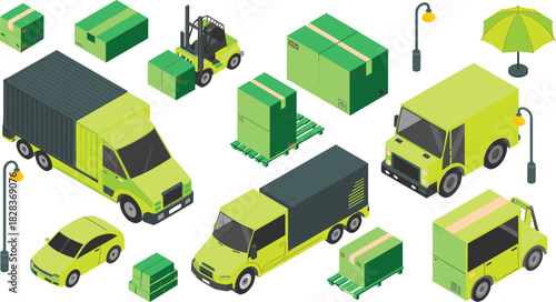 Isometric delivery trucks and cargo boxes illustration, logistics vehicles, forklift loading equipment, transportation fleet, shipping parcels, warehouse distribution elements artwork