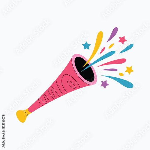 Pink party horn with colorful abstract shapes and stars bursting out celebration noise maker.