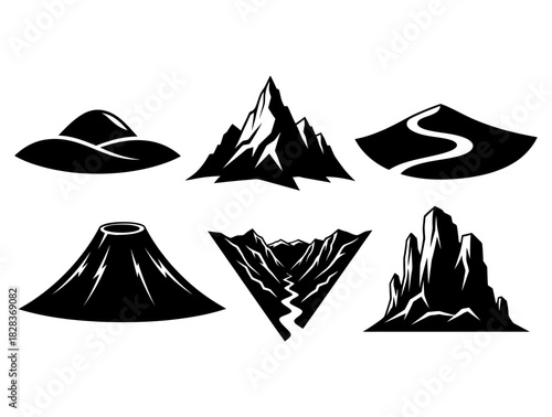 Collection of Diverse Mountain and Volcano Landscape Icons Peaks, Canyons, and Volcanic Cones