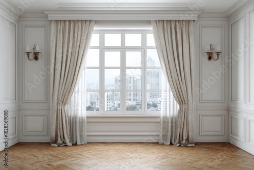 Elegant room with large window, ornate curtains, and city view.
