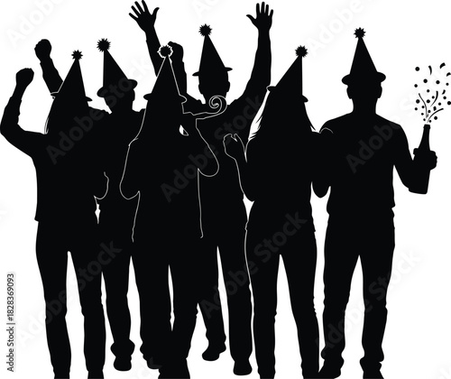 Silhouette of people celebrating with party hats and confetti on a white background
