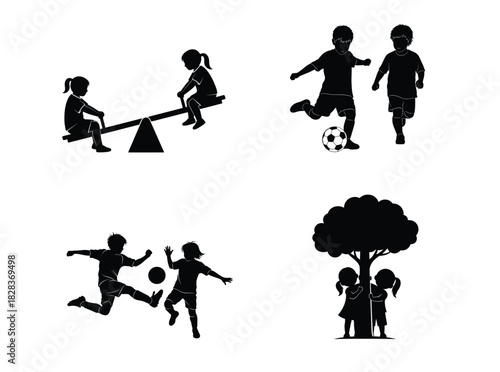 Silhouettes of children playing seesaw soccer walking and under a tree