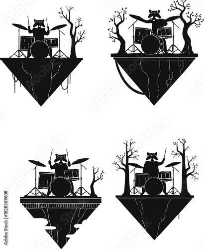 Cartoon cats playing drum sets on floating islands, whimsical animal musicians illustration, surreal fantasy artwork, creative wildlife band design, humorous music performance