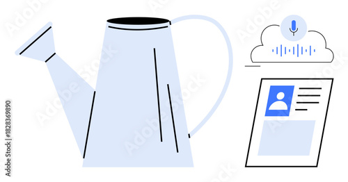 Digital communication concept a watering can symbol alongside voice recognition in cloud services and digital ID. Voice, technology, and identity integration . Perfect for gardening apps, smart tech