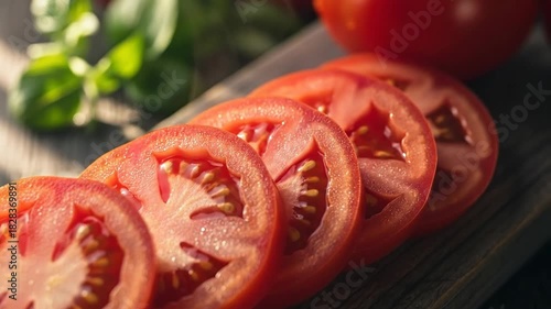Close up of ripe red tomatoes sliced on a rustic wooden cutting board with fresh green basil leaves in soft natural light.