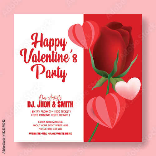 Valentine’s Day celebration party social media post, with 3D rose illustration, square flyer and poster for promotion, romantic vector background, greeting card invitation template design