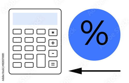 Financial calculation. Calculator next to a percentage symbol highlighting financial calculation and analytics. Financial tools, taxes, interest, mathematics, budgeting
