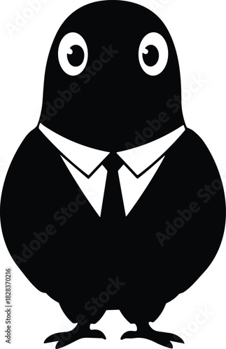 Cartoon bird silhouette in formal suit, anthropomorphic animal character design, whimsical funny mascot illustration, creative costume concept for logo or branding