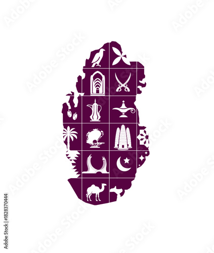 QATAR travel pattern with famous attractions, tourist landmarks, arabic animals and local food. Middle East seamless background with arab world popular symbols, souvenirs and QATAR monuments