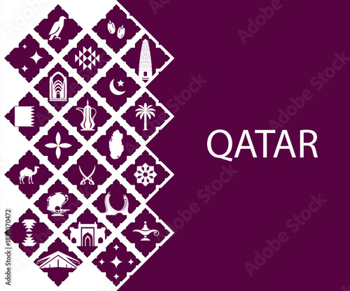 QATAR travel pattern with famous attractions, tourist landmarks, arabic animals and local food. Middle East seamless background with arab world popular symbols, souvenirs and QATAR monuments