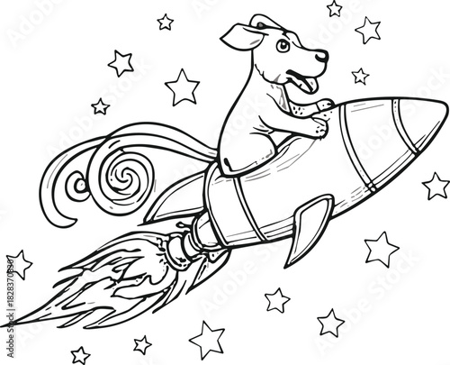 Cartoon dog riding rocket in outer space with stars, playful black and white illustration, humorous animal adventure, creative digital artwork concept