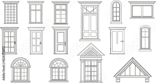 Architectural window and door elevation set, classic building design elements, house exterior drawing, line art collection for architectural planning, construction and home renovation projects