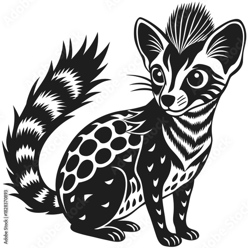 Stylized tribal illustration of a spotted genet with a bushy tail and distinctive markings on a black background