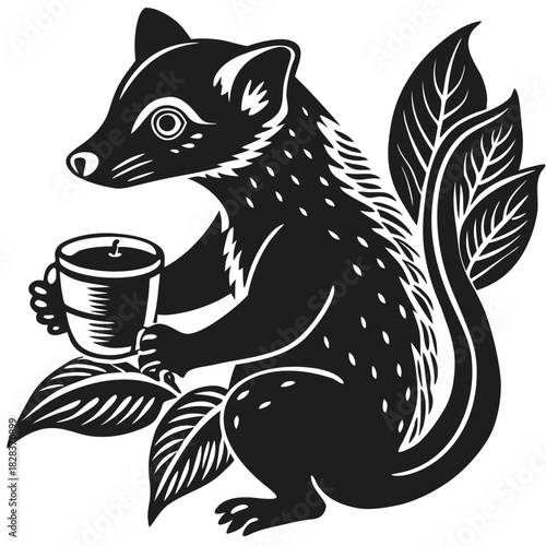 Stylized black silhouette of a cute squirrel holding a small cup with leaves and a bushy tail