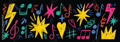 A black backdrop with colorful crayondrawn musical and celebratory icons like notes stars lightning bolts hearts and crowns