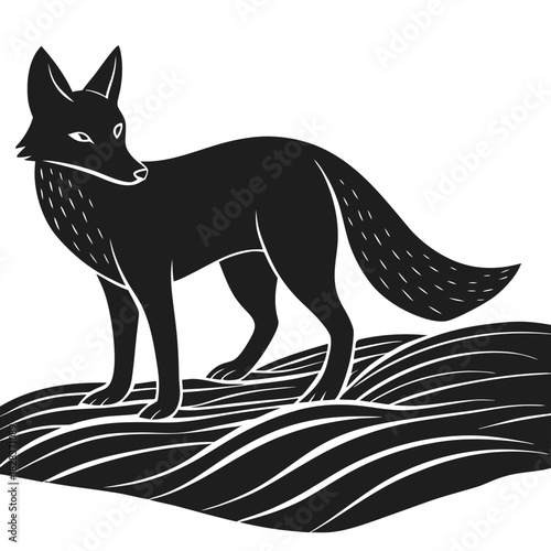 Stylized black fox with a bushy tail standing on wavy ground in a minimalist design
