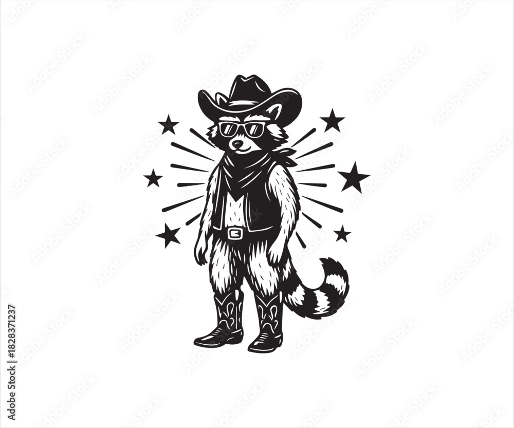 Fototapeta premium Cowboy Raccoon Illustration with Hat, Boots and Stars