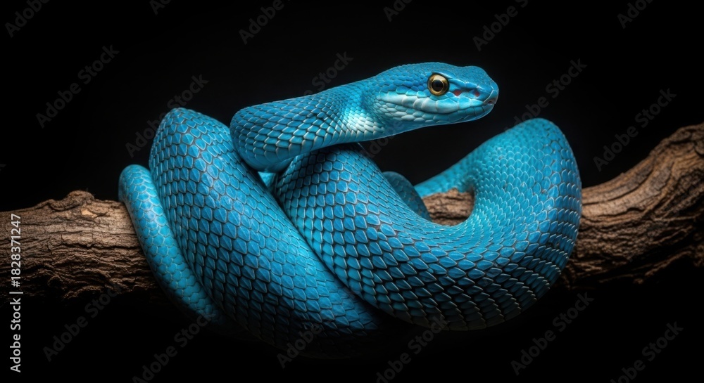 Fototapeta premium Vibrant blue snake coiled on branch exotic reptile nature photography