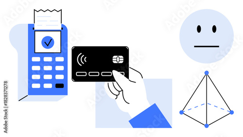Hand using credit card for contactless payment on card reader, receipt, face illustration, pyramid outline. Ideal for technology, finance, digital payment, retail, innovation communication abstract