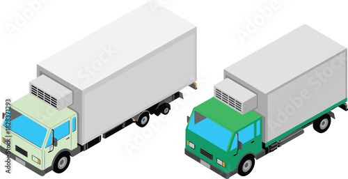 Isometric refrigerated delivery trucks illustration, cold transport vehicles, cargo logistics trucks, frozen goods transportation, commercial cooling truck design for supply chain