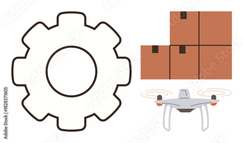 Gear beside stacked boxes and a delivery quadcopter. Ideal for logistics, shipping, automation, AI, efficiency, packaging, productivity. Simple flat metaphor