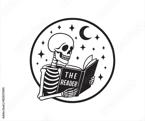 Skeleton Reading a Book Illustration with Moon and Stars