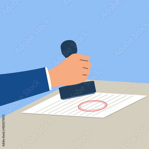 Legal document stamp with hand holding ink stamper for law, attorney or certified notary public. Contract, affidavit and identification approval or registration, id verification and signature service