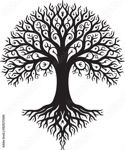 Black ornate tree of life with swirling branches and roots