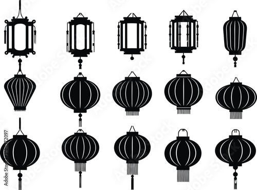 Collection of fifteen chinese lanterns in silhouette style on white background